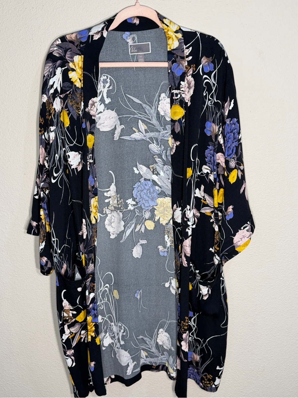 Chelsea28 Floral Open Cardigan - Black with Yellow & Blue Accents
